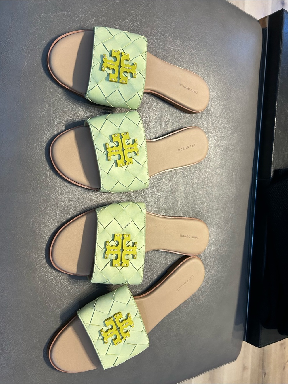 Tory Burch Mint Green Logo Woven Slide Sandals